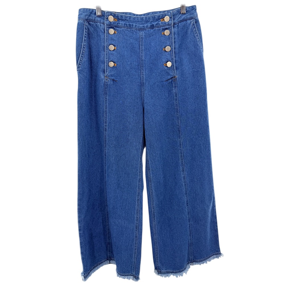 Steve J & Yoni P Blue Sailor Wide Leg Jeans High Rise Frayed L Korean Fashion